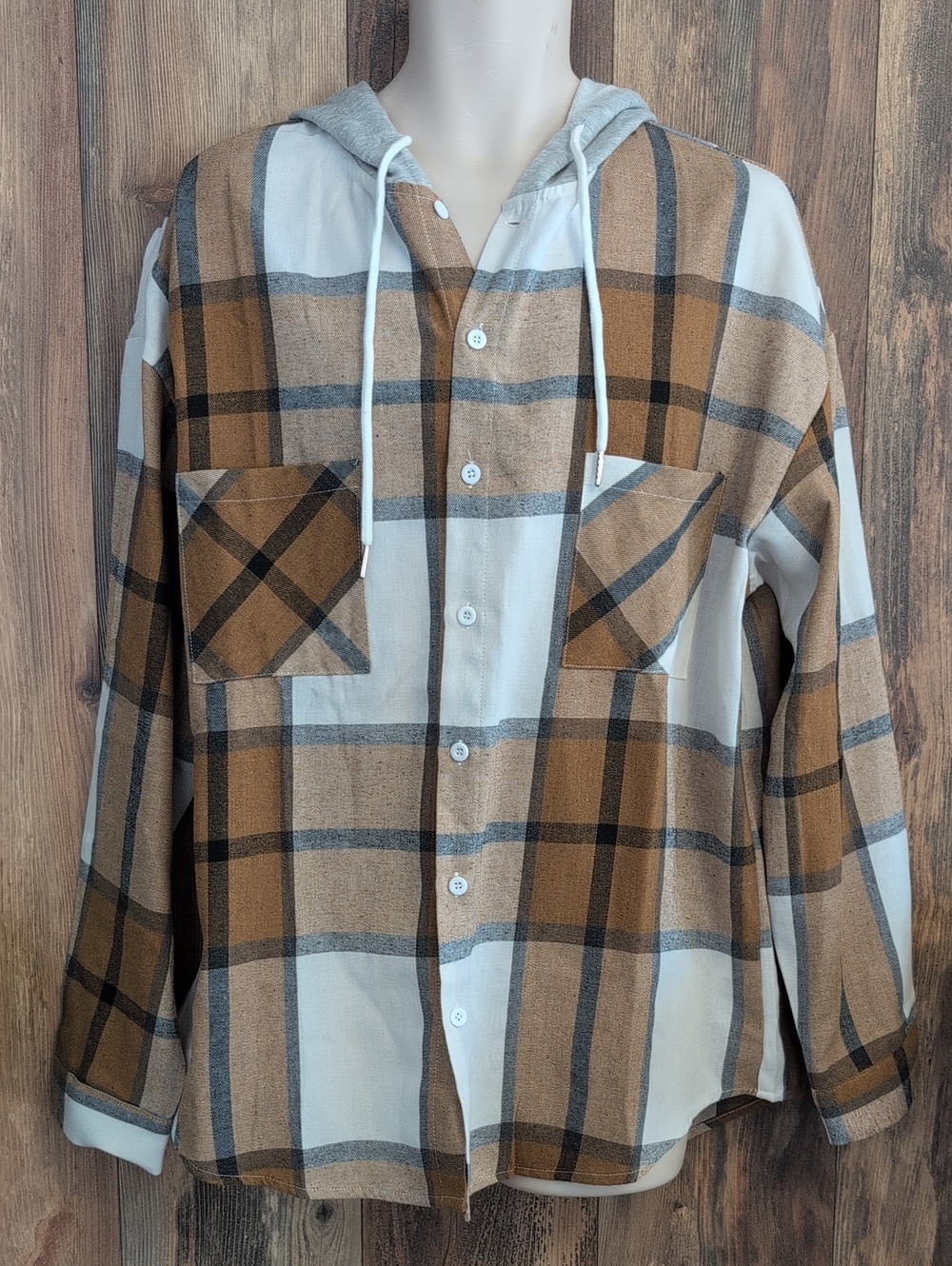 SHEIN Brown Gray White Plaid Hooded Button-Down Shacket Shirt XL Q326